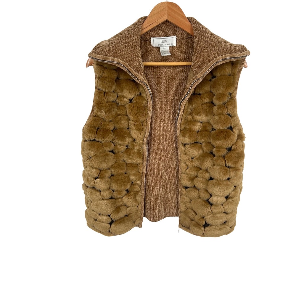 Lisa International Faux Fur Knit Vest‎ Brown Zip Up Medium